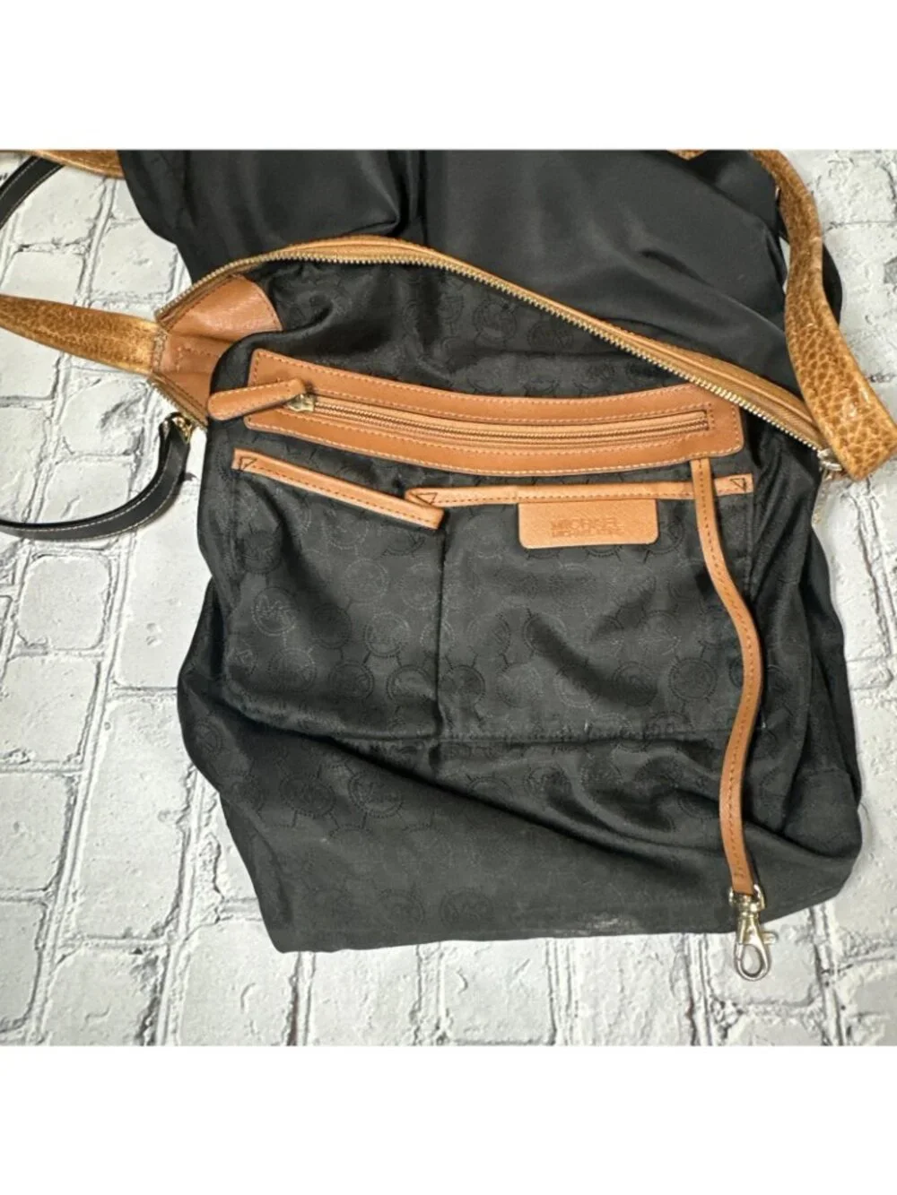Michael Kors Black Cognac Shoulder Bag With Tan Leather Trim Medium Purse